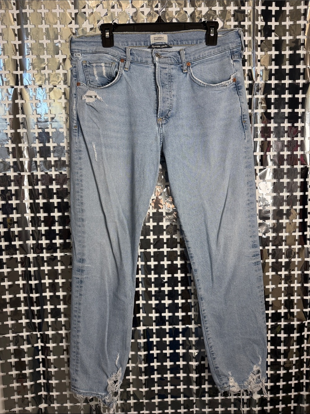 Citizens Of Humanity Light Blue Straight Leg Jeans with Distressed Hem